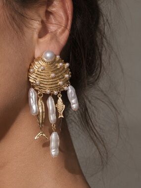 Gold Shell Pearl Fish Drop Earrings Summer Must Have